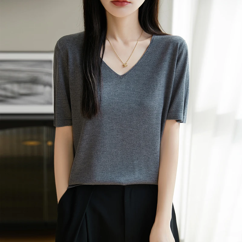 精纺莱赛尔蚕丝羊毛短袖女薄款上衣V领针织打底衫夏季新款纯色T恤