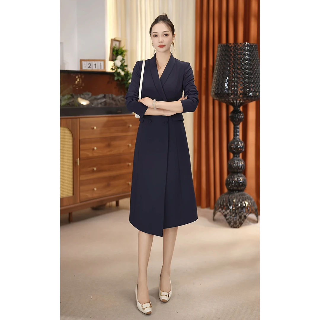 2025秋新款气质优雅深藏青色连衣裙显瘦高腰修身轻奢女神裙PL2038