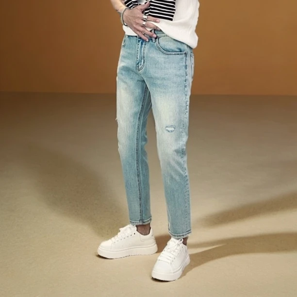 【时尚潮品】美式重工5106A薄荷绿破洞弹力修身百搭九分牛仔裤男