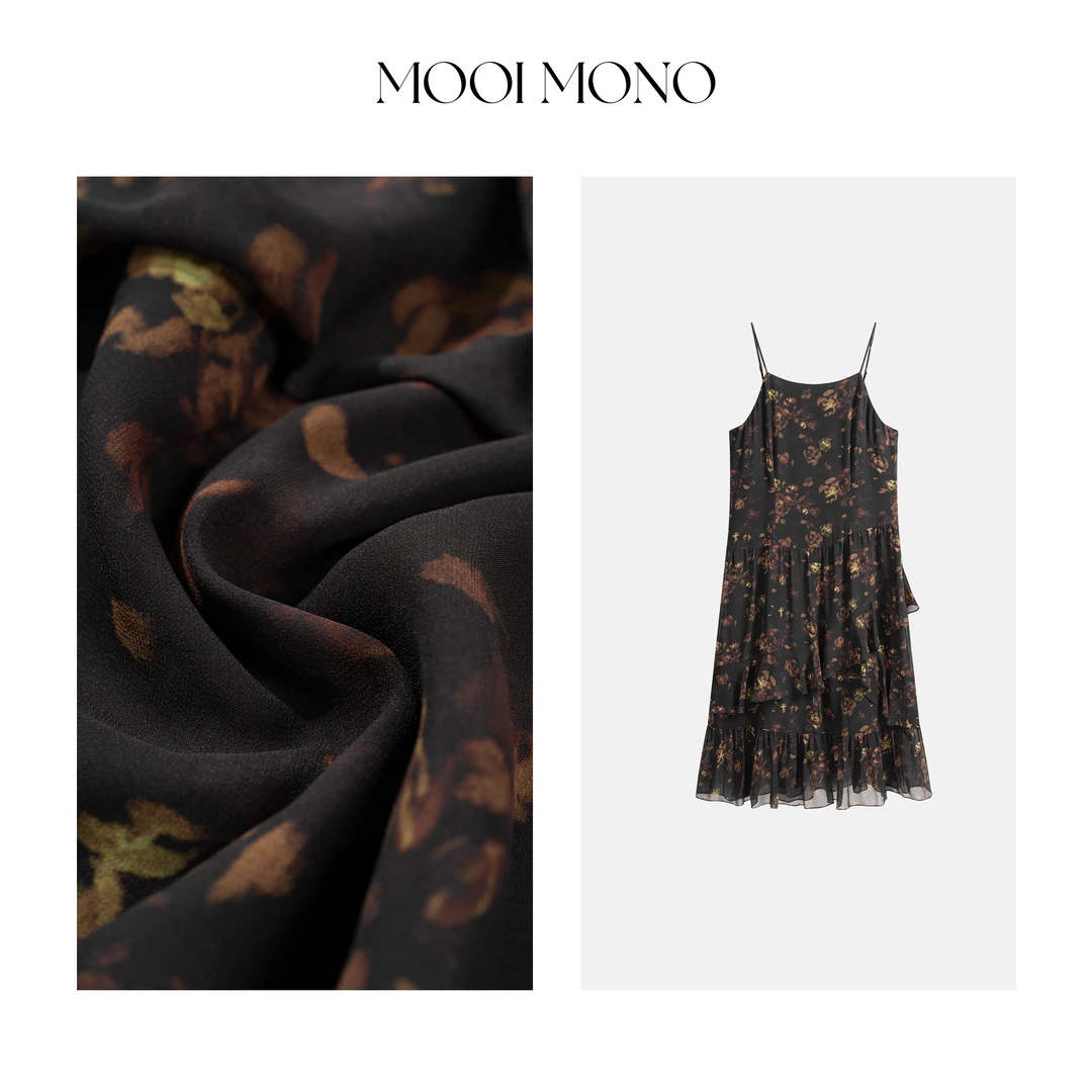 MOOI MONO"玫瑰书签"显瘦气质设计感印花吊带时尚连衣裙 L426L53