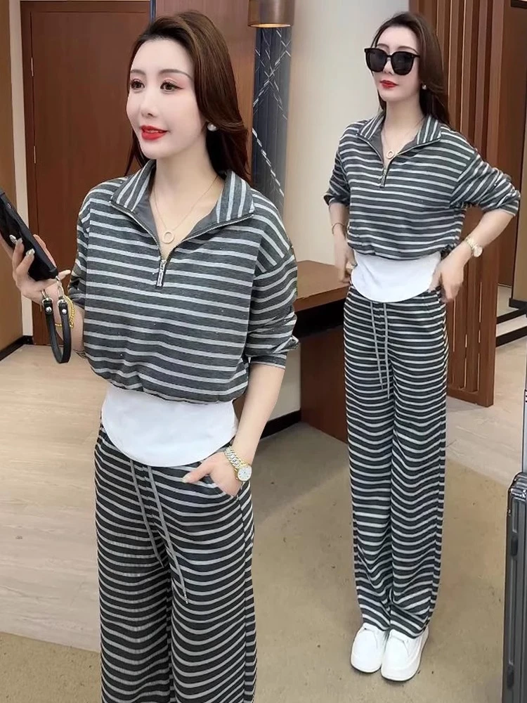 时尚休闲立领卫衣直筒裤两件套女春季新款洋气显瘦条纹运动服套装
