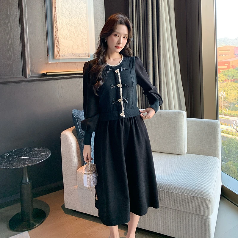 奢姿2024年冬季新款大码女装蝴蝶结拼接裙子胖妹妹假两件连衣裙