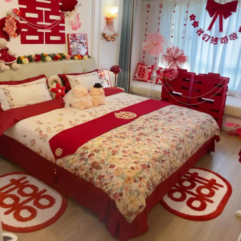 乐优公主100支长绒棉结婚四件套大红色喜被婚庆床单纯棉床上用品