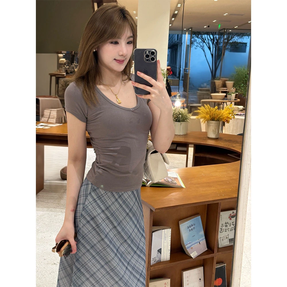 【XUEXUE】韩系小姐姐灰蓝格子中长半身裙高腰显瘦修身设计感