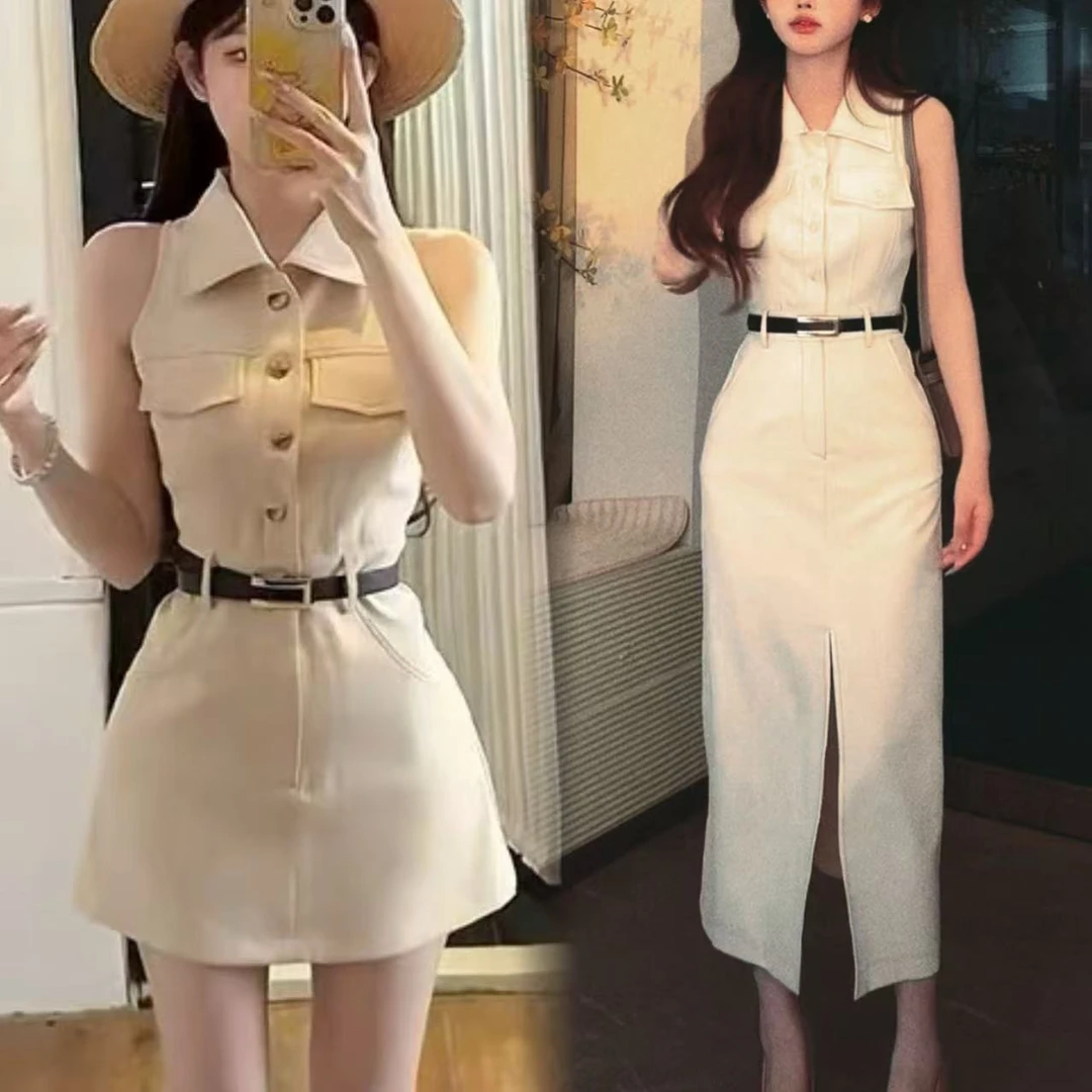 纯欲辣妹风无袖翻领连衣裙女2025夏季新款气质收腰显瘦a字短裙子