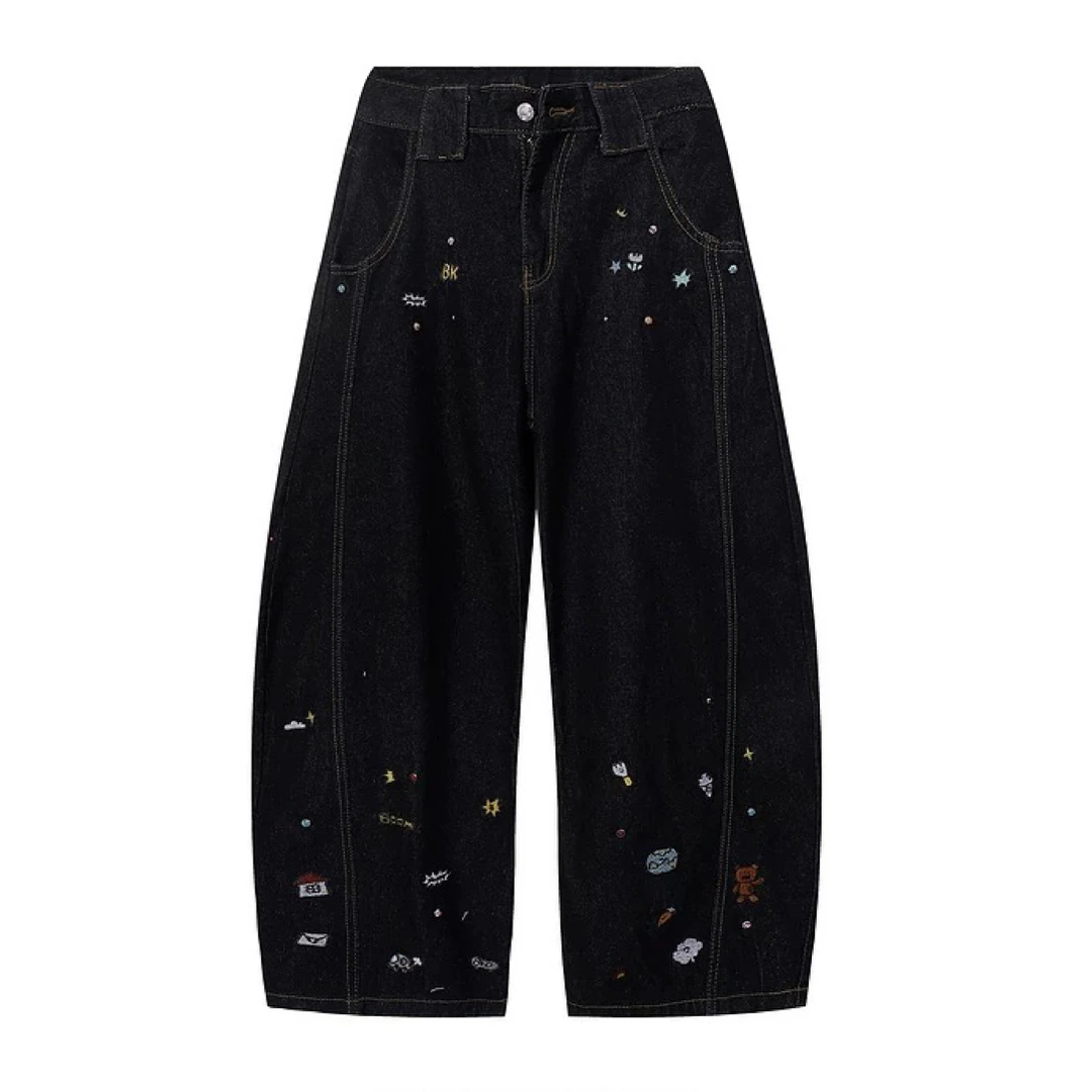 卡通刺绣黑色弯刀牛仔裤男女潮牌街头宽松弯刀裤