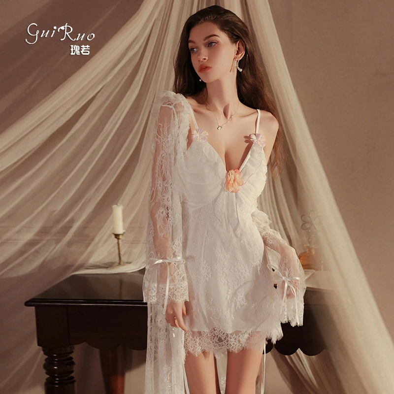 瑰若性感女睡衣聚拢深V加胸垫纯欲蕾丝睡裙外袍家居大码4871