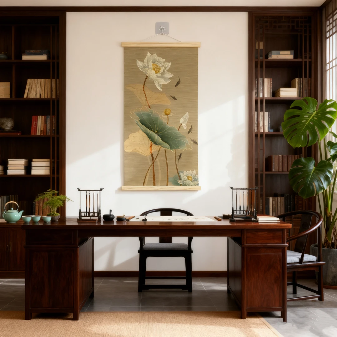 荷花装饰画沙发背景墙新中式竹编挂画客厅玄关装饰竹画和气竹挂画