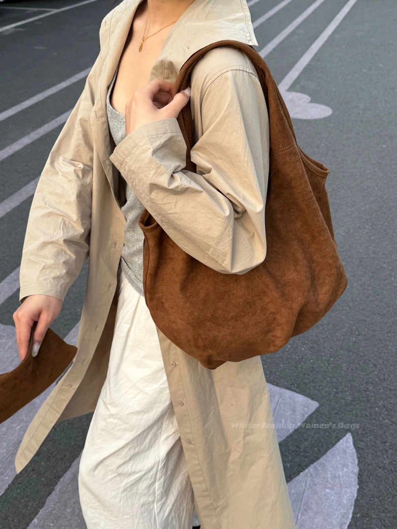 韩系复古麂皮绒托特包包女2025秋冬新款简约文艺子母通勤单肩包包