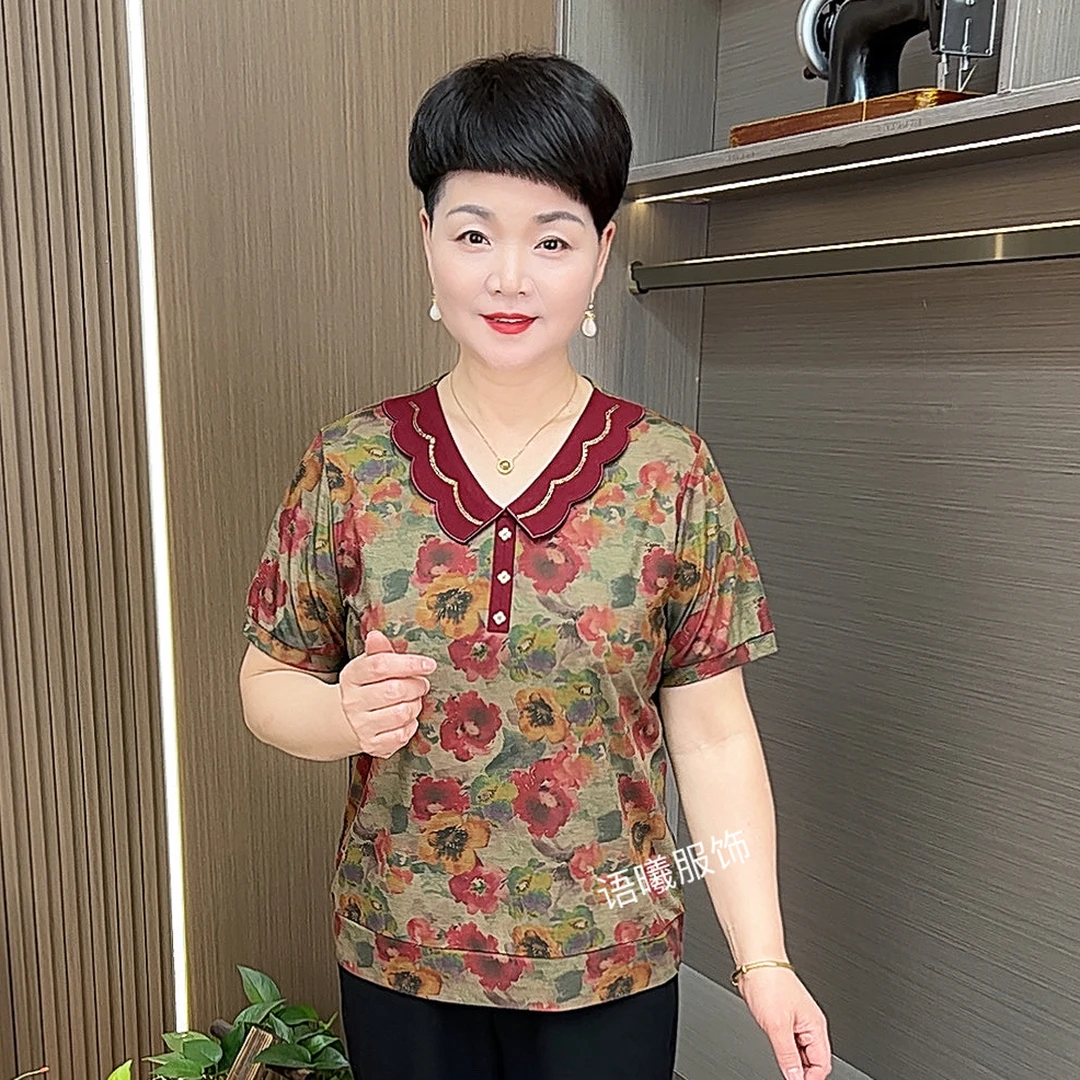 夏季翻领小衫新款短袖T恤中老年女装薄款洋气上衣F880