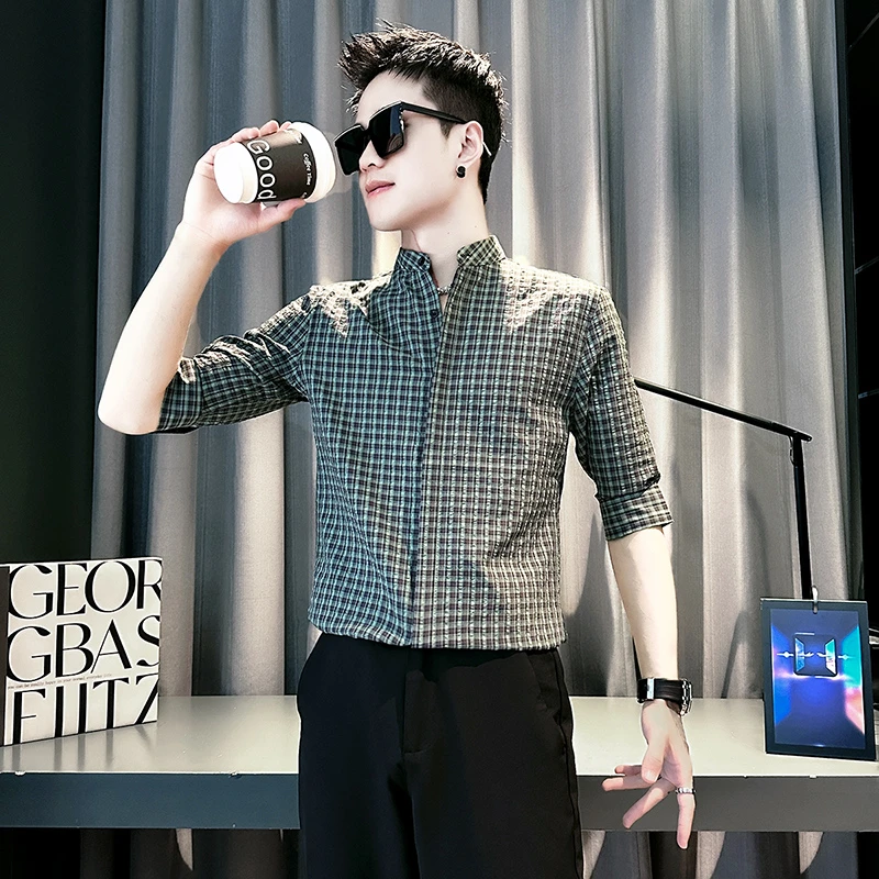 立领格子衬衫夏季薄款2025新款英伦雅痞风格男装衣服男士短袖衬衣