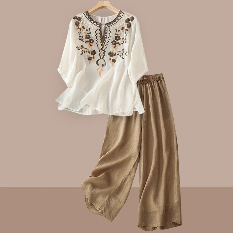 民族风苎麻套装女士2025年夏季新款宽松亚麻刺绣衬衫阔腿裤两件套