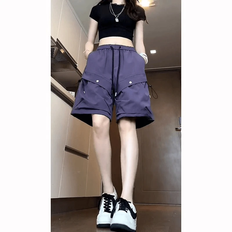 乌梅紫色六分工装短裤女男款夏外穿小个子裤子美式冰丝速干五分裤