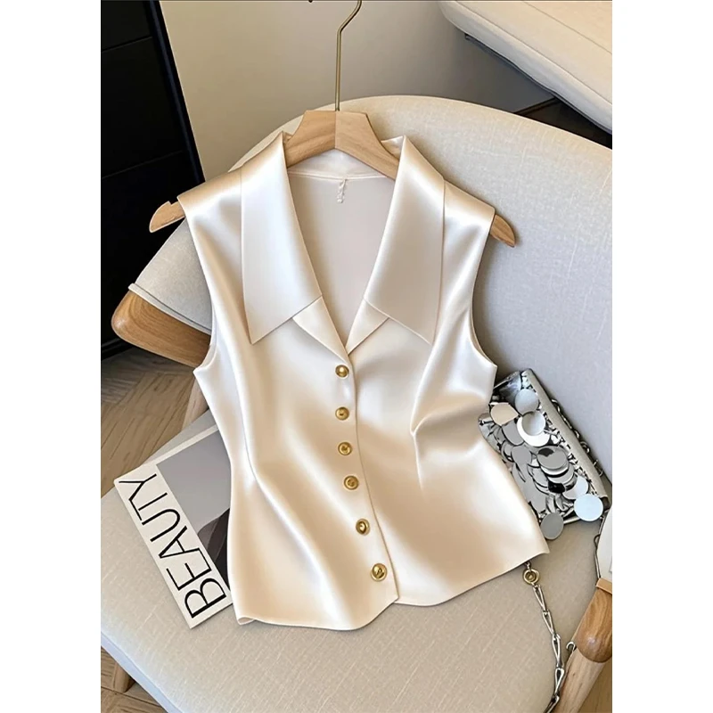法式气质v领无袖缎面马甲背心女2025夏季独特绝美小衫高级感上衣