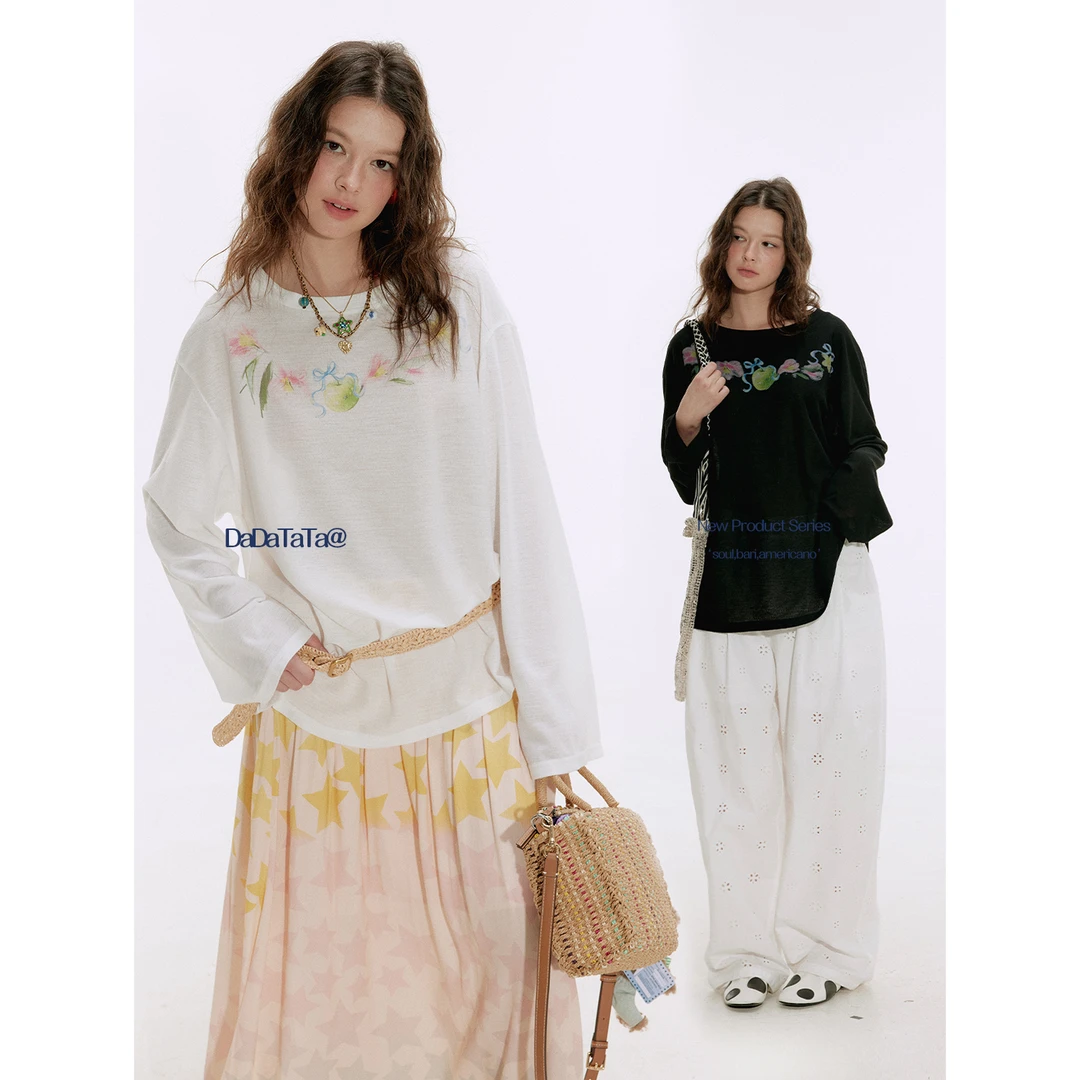 晶咕白标DADATATA【自由海岛】印花长袖针织衫柔软长袖T恤上衣夏