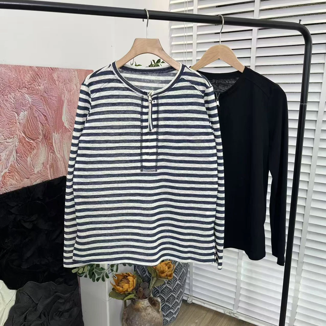 日系简约「弹力舒适圆领」套头长袖T恤女E5334