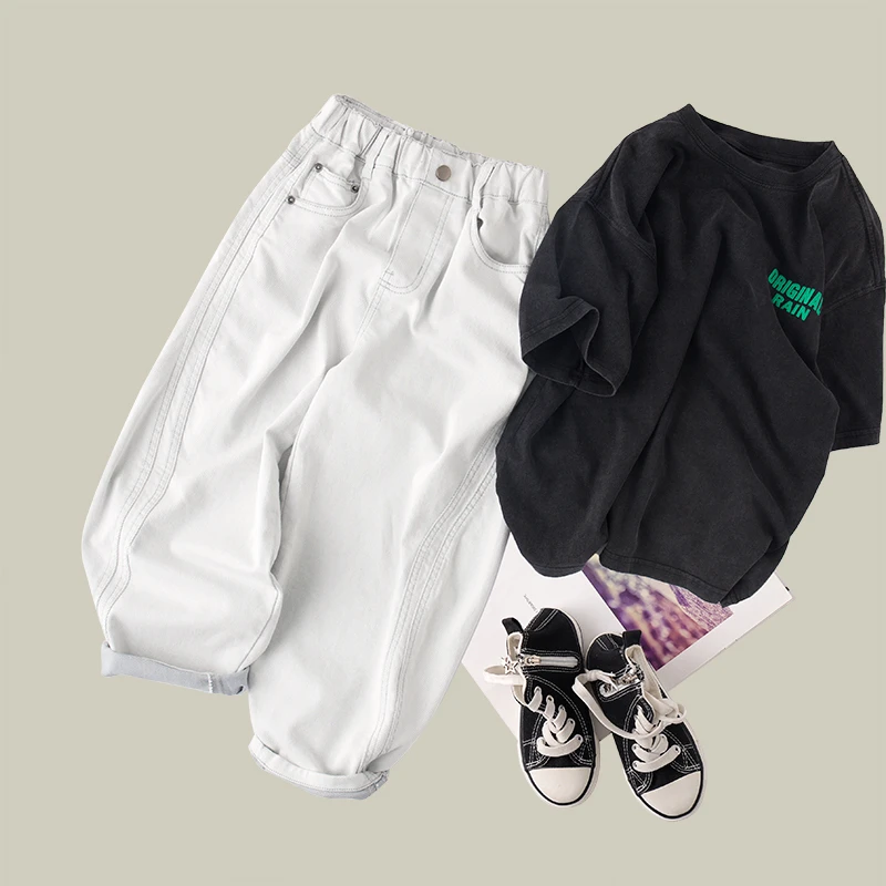 吴小越w1137男童春款贴标灰色牛仔裤新品痞帅男孩新款韩版长裤