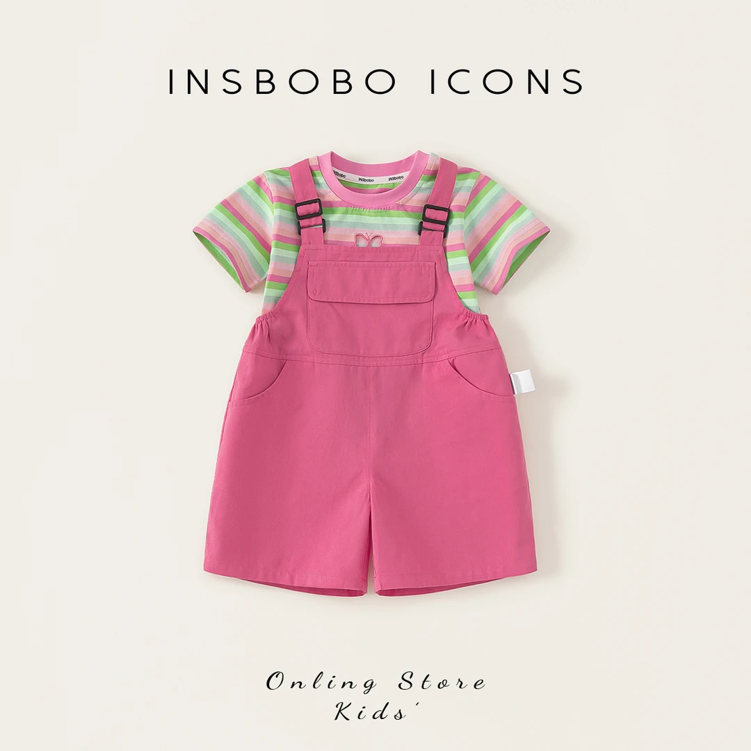 【专属】INSbobo镂空蝴蝶绣花彩虹条T恤休闲背带裤两件套XT25021