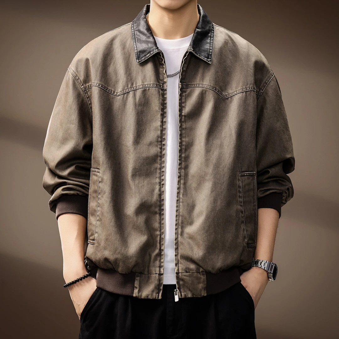 高端底特律帆布工装夹克男士秋季新款纯棉复古宽松休闲翻领外套男