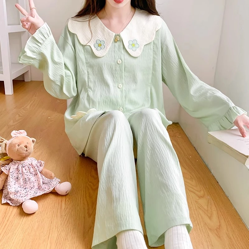 绿色孕妇哺乳睡衣夏季产后天丝冰凉薄款月子服产妇喂奶家居服套装