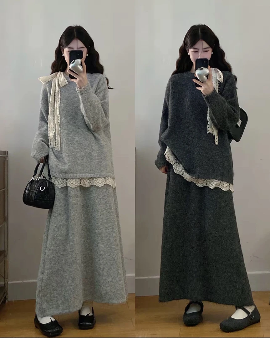 秋冬2025新款针织毛衣套装韩版拼接中长款半身裙时尚百搭气质衣服