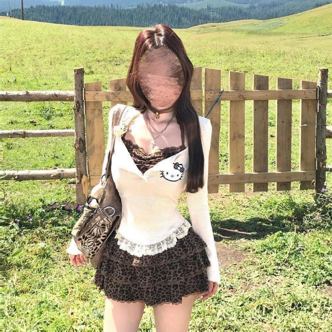 【狂野凯蒂】卡通少女感秋冬辣妹豹纹假两件上衣蛋糕裙纯欲套装女