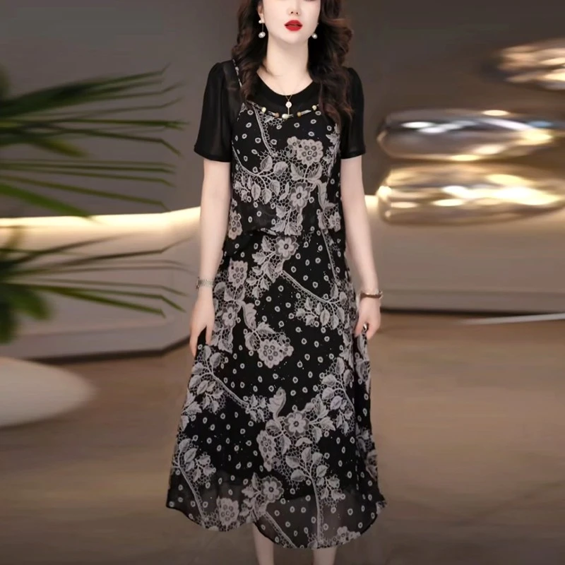 5203#高贵气质短袖裙子女夏季爆款新款假两件轻奢高级感连衣裙