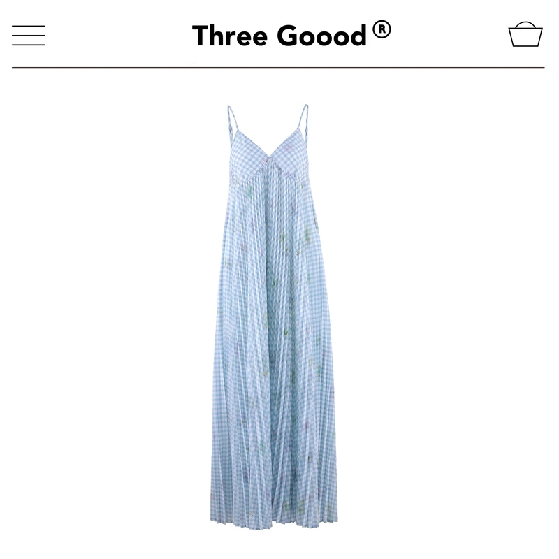 THREE GOOOD/三吉夏日循迹流动清逸吊带压皱小众连衣裙 SQ230238