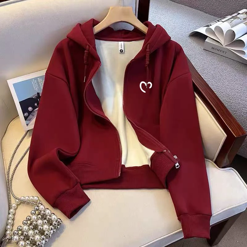 连帽卫衣外套女装秋冬季韩版爱心印花拉链开衫宽松短款休闲风上衣