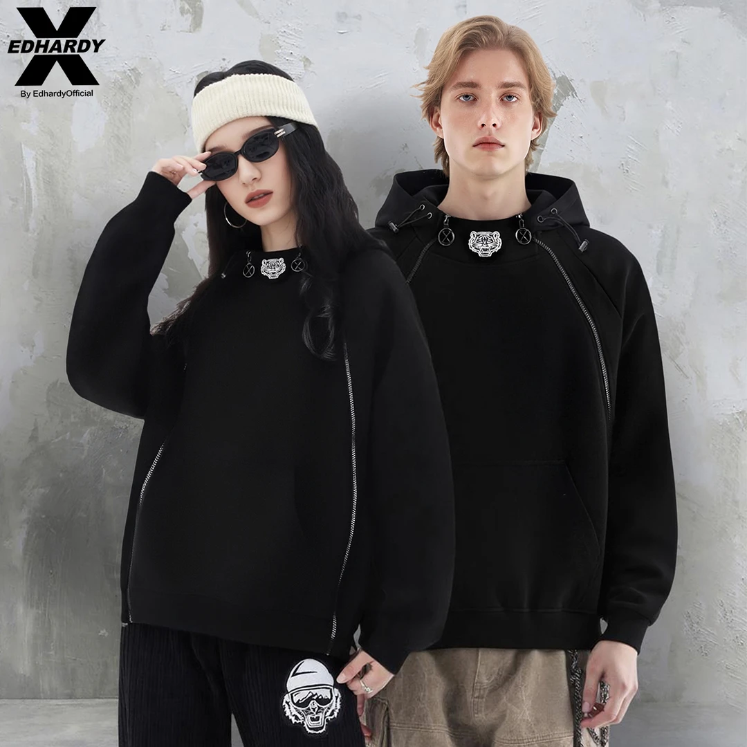 EDHARDY X秋冬宇航领黑武士机能风虎头绣花连帽卫衣X1C4FA151362