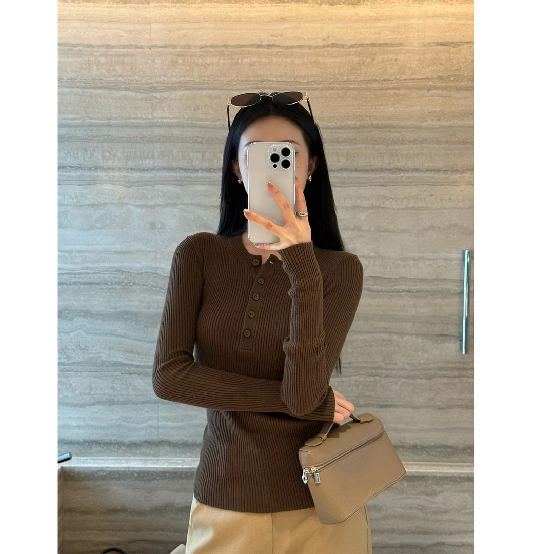 不冷BULENG 亨利领长袖针织衫女修身显瘦打底上衣