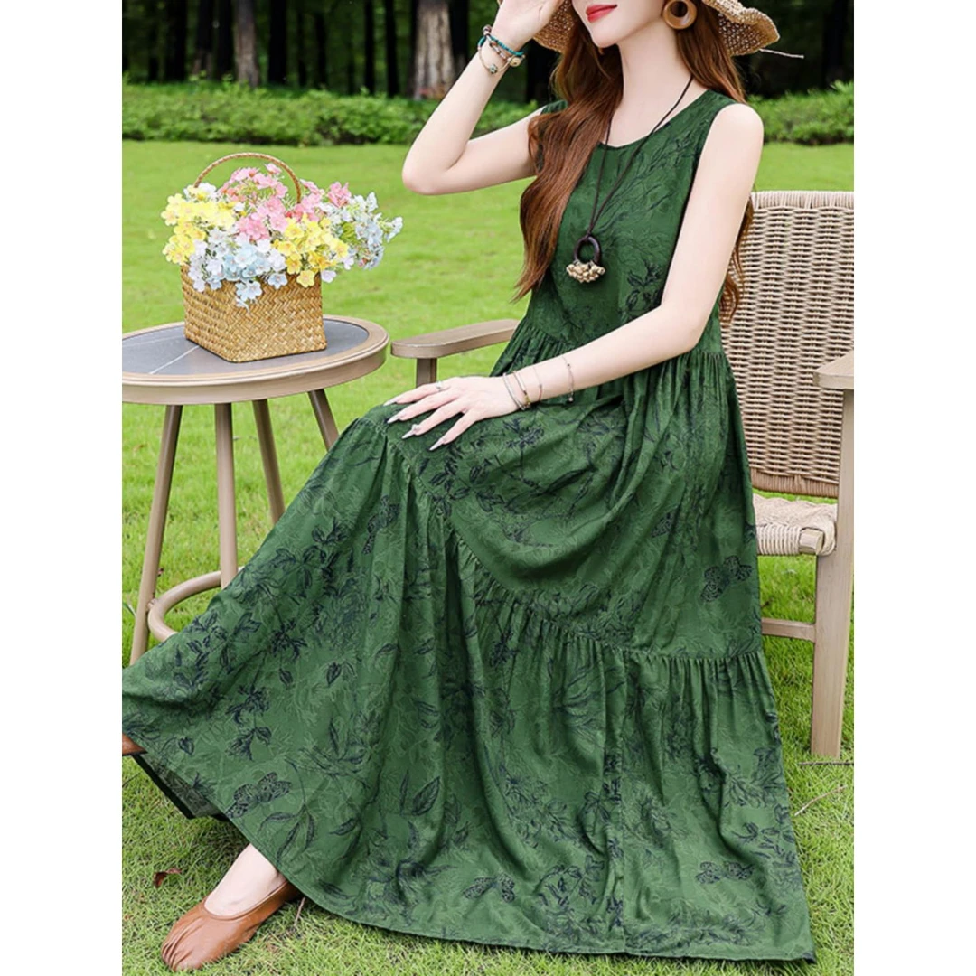 夏季棉绸连衣裙新款外穿年轻款吊带沙滩裙女无袖度假裙子长裙飘逸