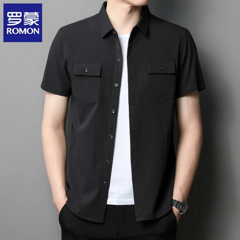 罗蒙夏季新款时尚短袖衬衫男中青年商务潮流休闲速干衬衣男士外套