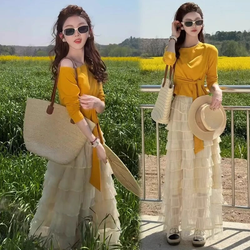 时尚套装裙女2025春夏新款洋气一字肩长袖T恤半身网纱裙两件套裙