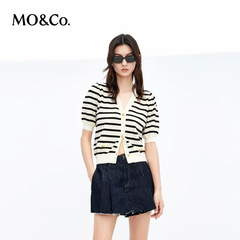 【达人专属】MOCO夏短款V领泡泡袖薄款针织衫开衫法式MBC2CART02