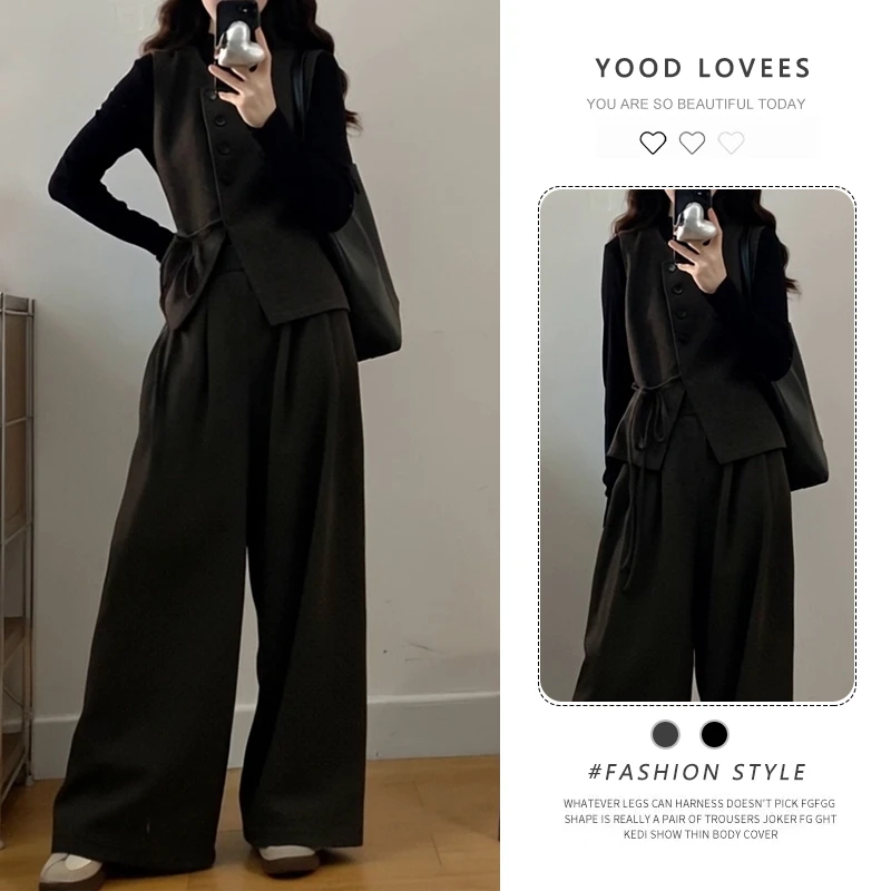 设计感时尚休闲套装女2025春秋新款韩系气质内搭马甲阔腿裤三件套