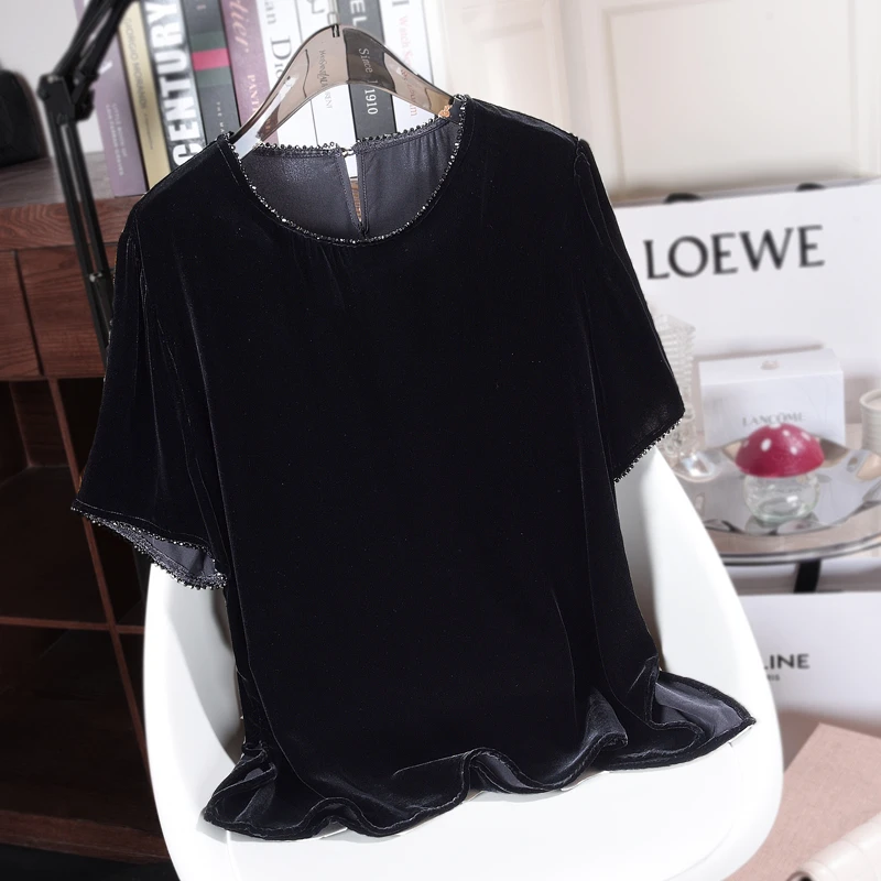 真丝绒夏季薄款透气轻薄黑色高级感宽松时尚百搭高贵洋气上衣