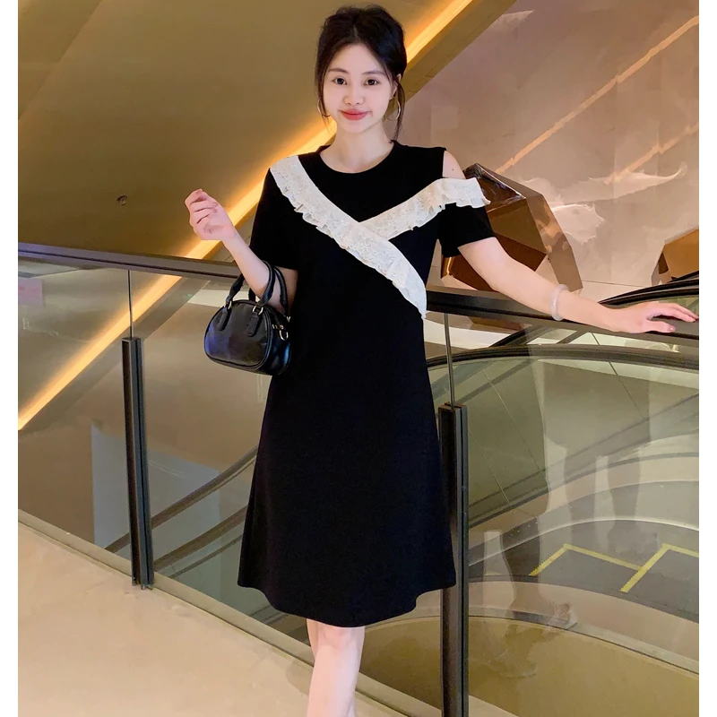 2025夏季新款蕾丝拼接露肩设计收腰黑色连衣裙女#665