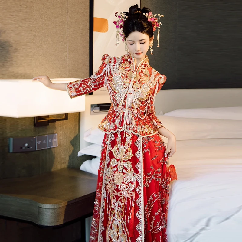网纱2025新款秀禾服新中式重工刺绣结婚礼服修身显瘦奢华嫁衣春款