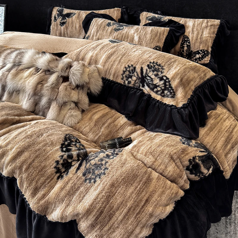 加厚保暖防静电~秋冬季高克重兔毛牛奶绒四件套荷叶边珊瑚绒床品4