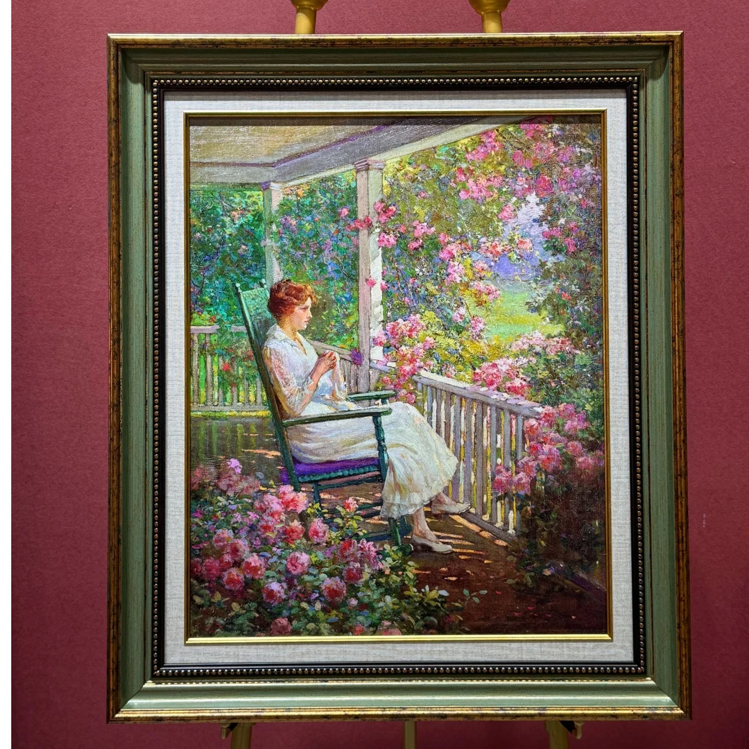 514#新品玫瑰花园美式复古绿色边框卧室书房客厅装饰画