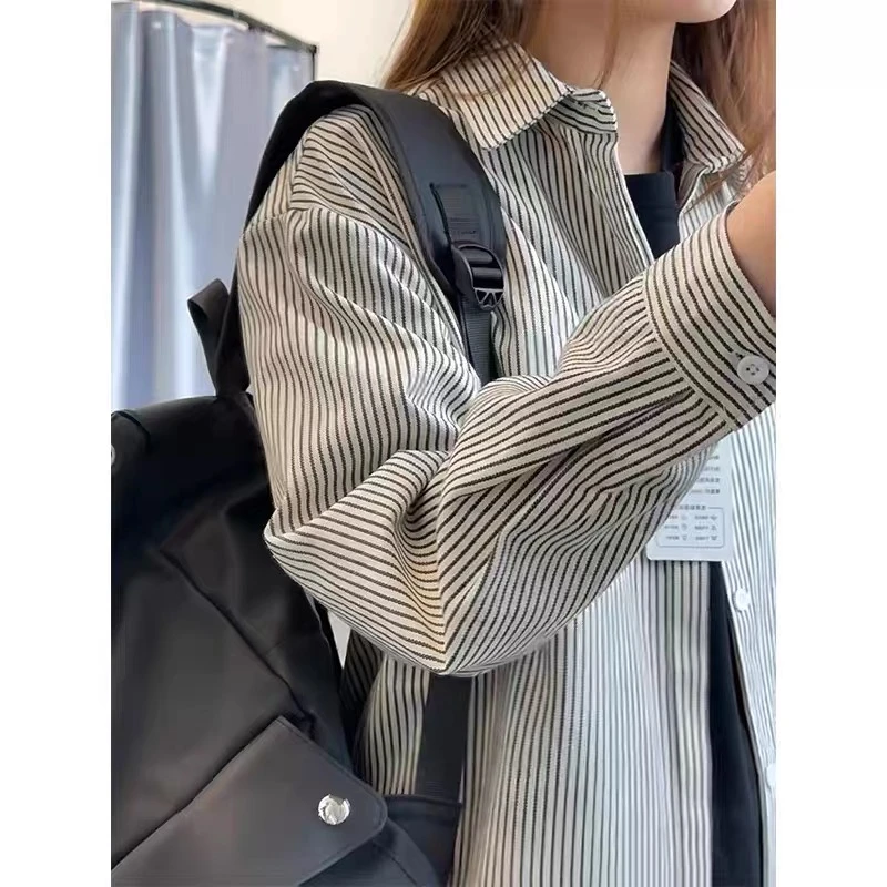 黑白条纹衬衫男高级感春秋穿搭日系复古宽松衬衣潮常规款长袖外套