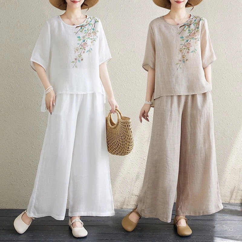 【现货+运费险】棉麻复古印花套装短袖轻薄阔腿裤显瘦套装Y1005