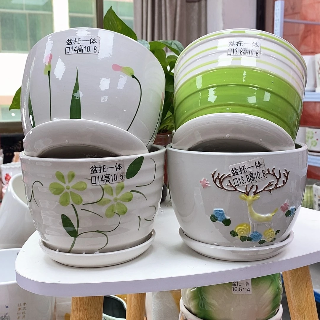 陶瓷@陶瓷花盆@@四个手绘