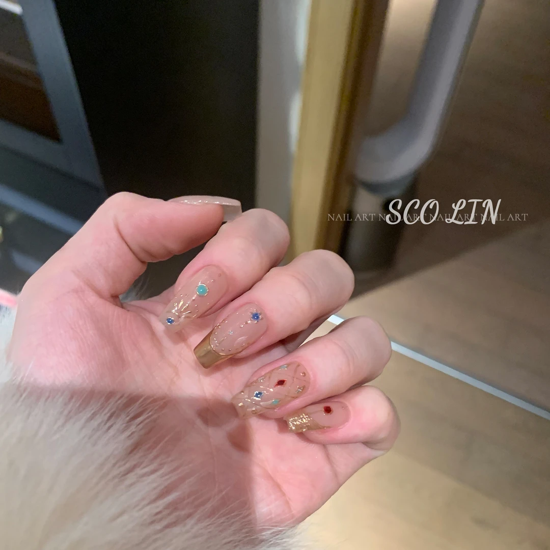 ScoLin【暮月】复古千金 手绘金边优雅 短短芭蕾手工定制穿戴甲