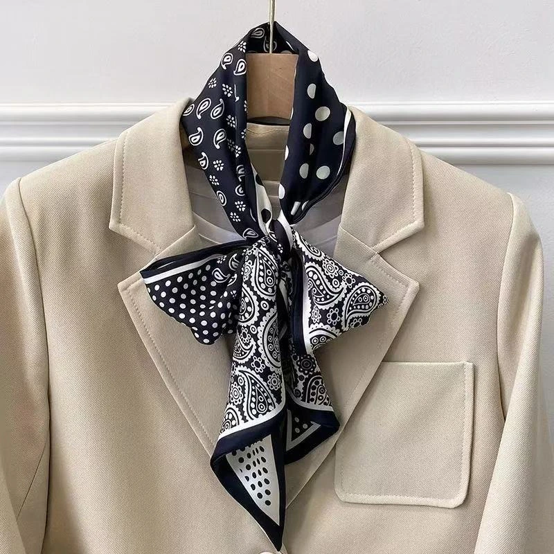 欧美风腰果花尖角细长款气质小领巾长条丝巾女士双面飘带春款围巾