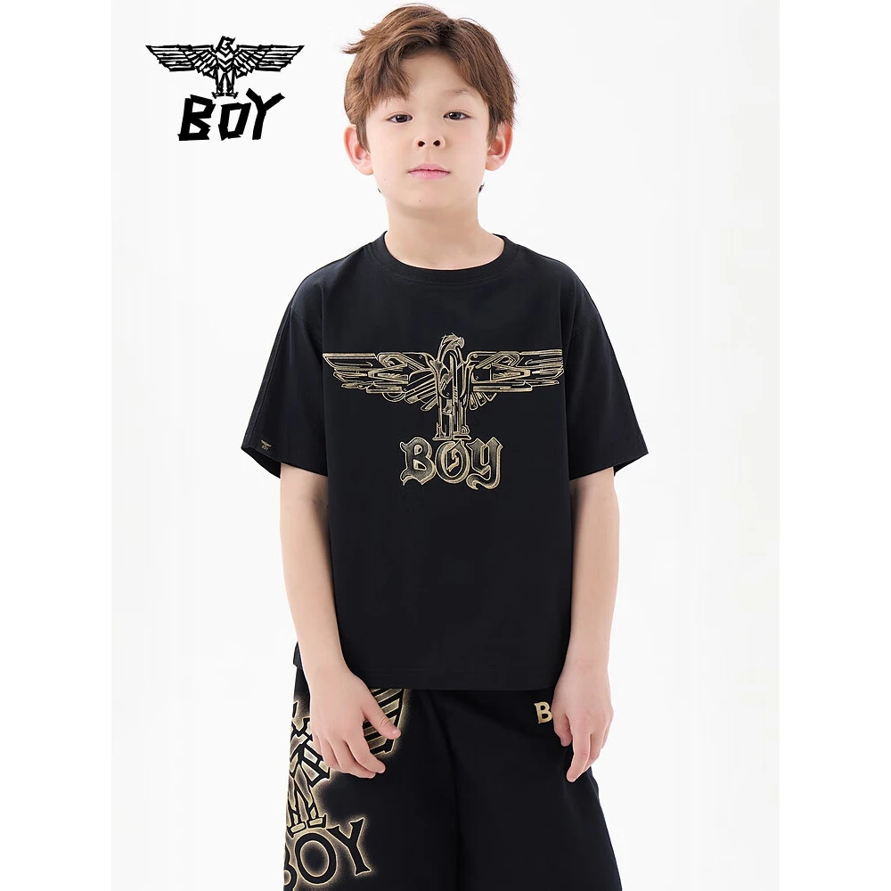 BOY JUNIOR25夏儿童潮牌短袖经典鹰标帅气圆领T恤男女童中大童 黑