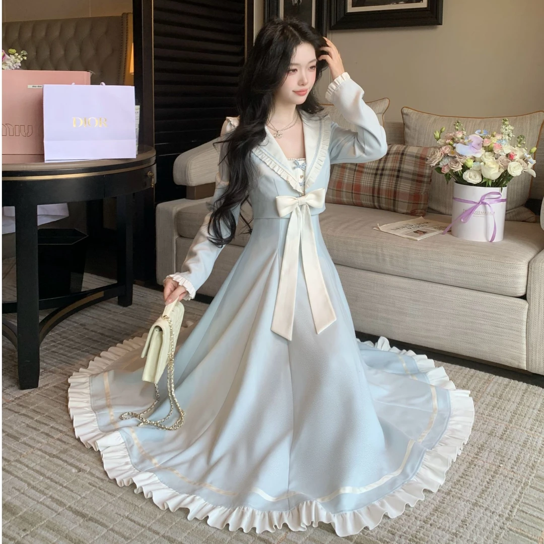 Blovelan水星手信 气质感蓝白撞色大蝴蝶结长裙