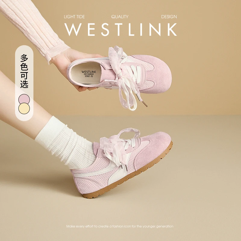 西遇网面透气德训鞋女2025新款春夏百搭薄款运动鞋芭蕾粉色休闲鞋