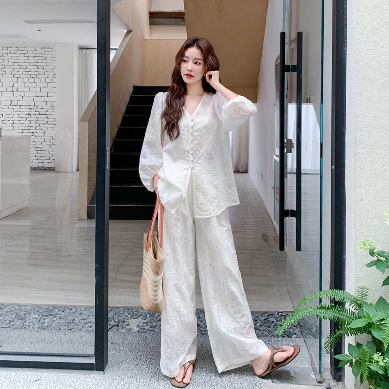 复古老钱风防晒上衣阔腿裤2025夏季新款可盐可甜韩系温柔风套装裤